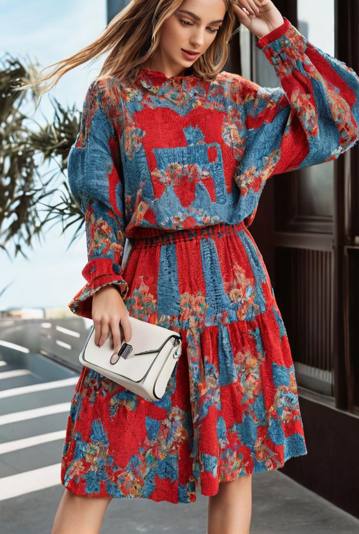 fashion v neck printed long sleeve midi dress 113153