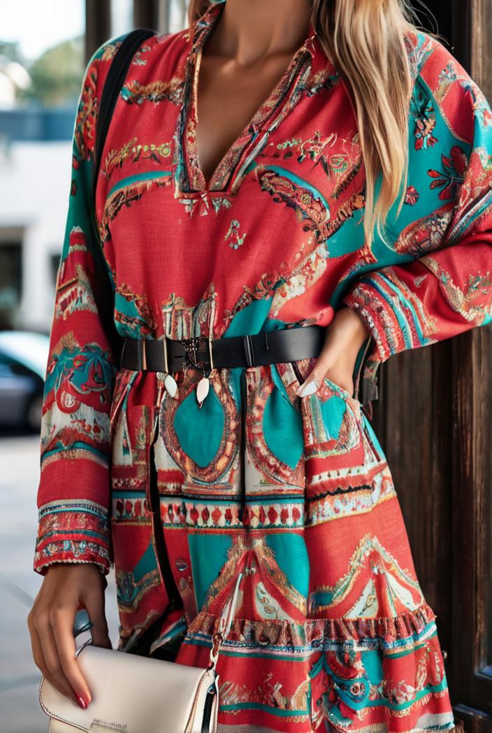 fashion v neck printed long sleeve midi dress 113156