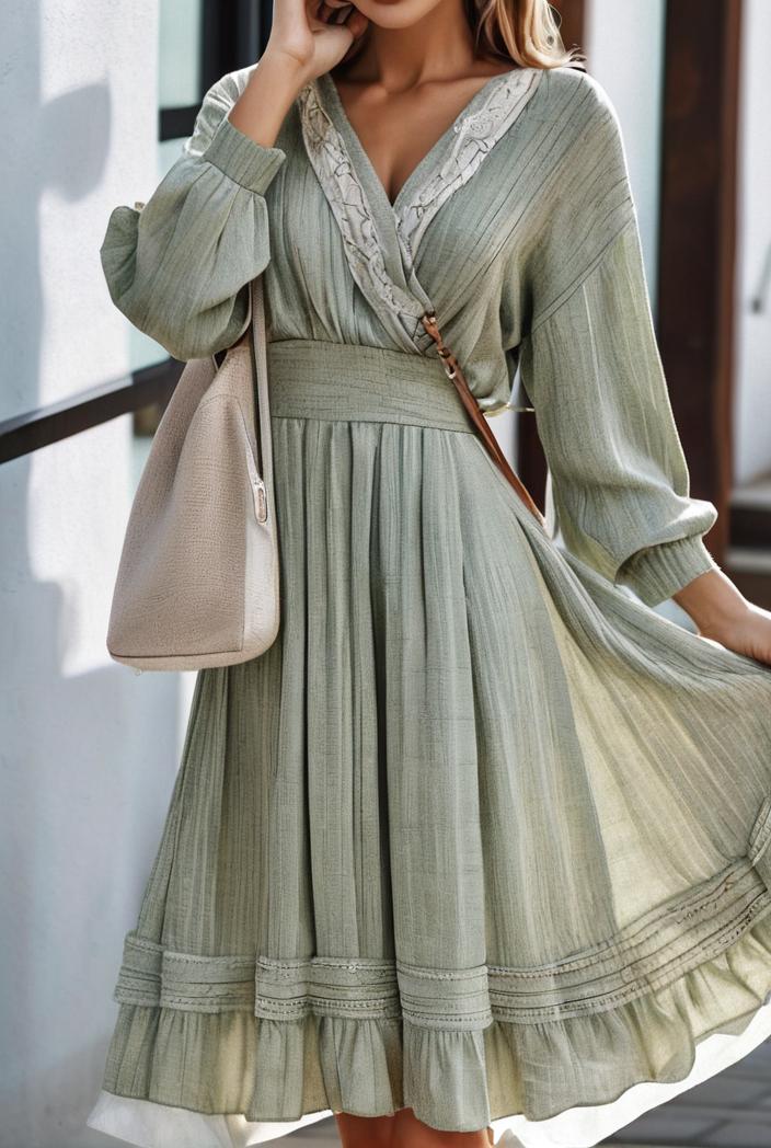 fashion v neck printed long sleeve midi dress 113167