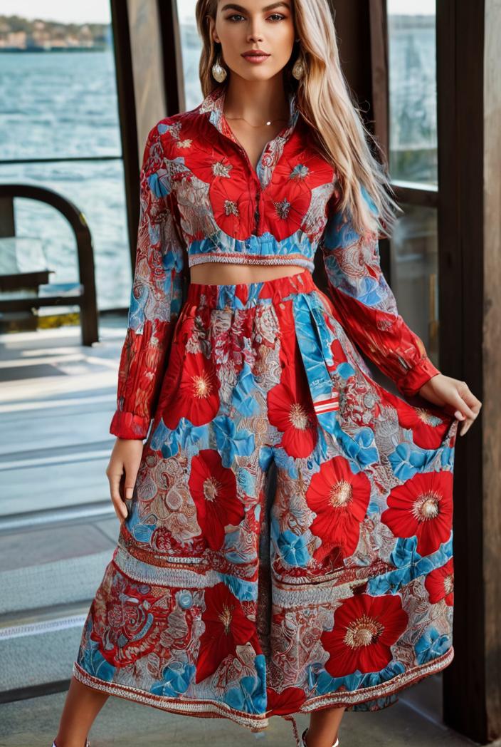 fashion v neck printed long sleeve midi dress 113171