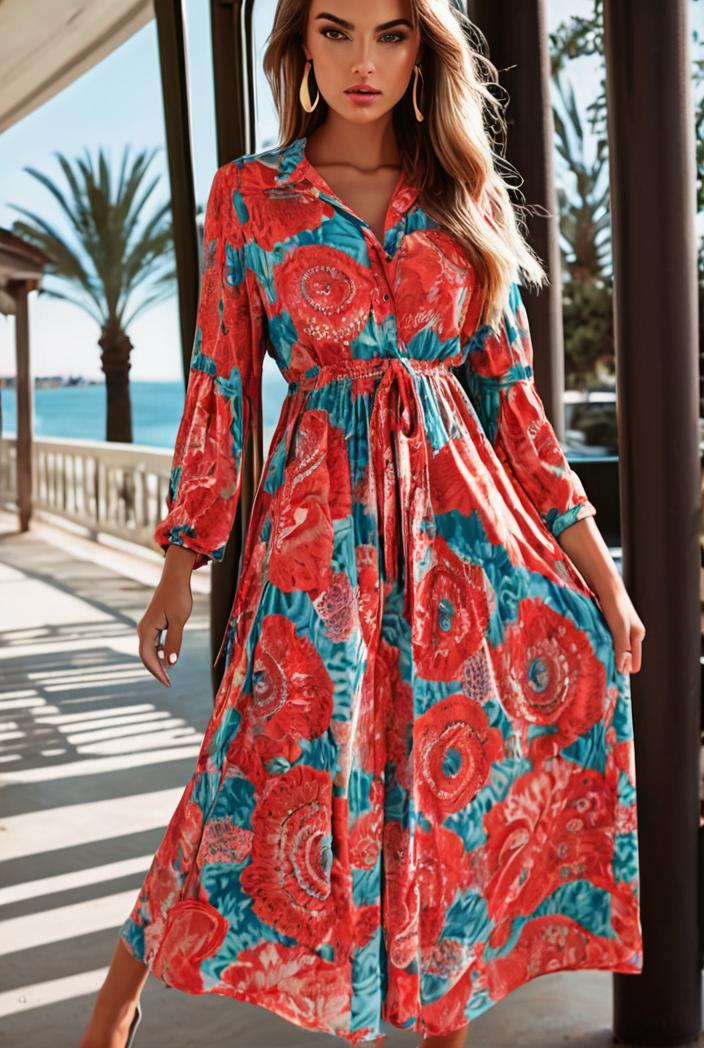 fashion v neck printed long sleeve midi dress 113173