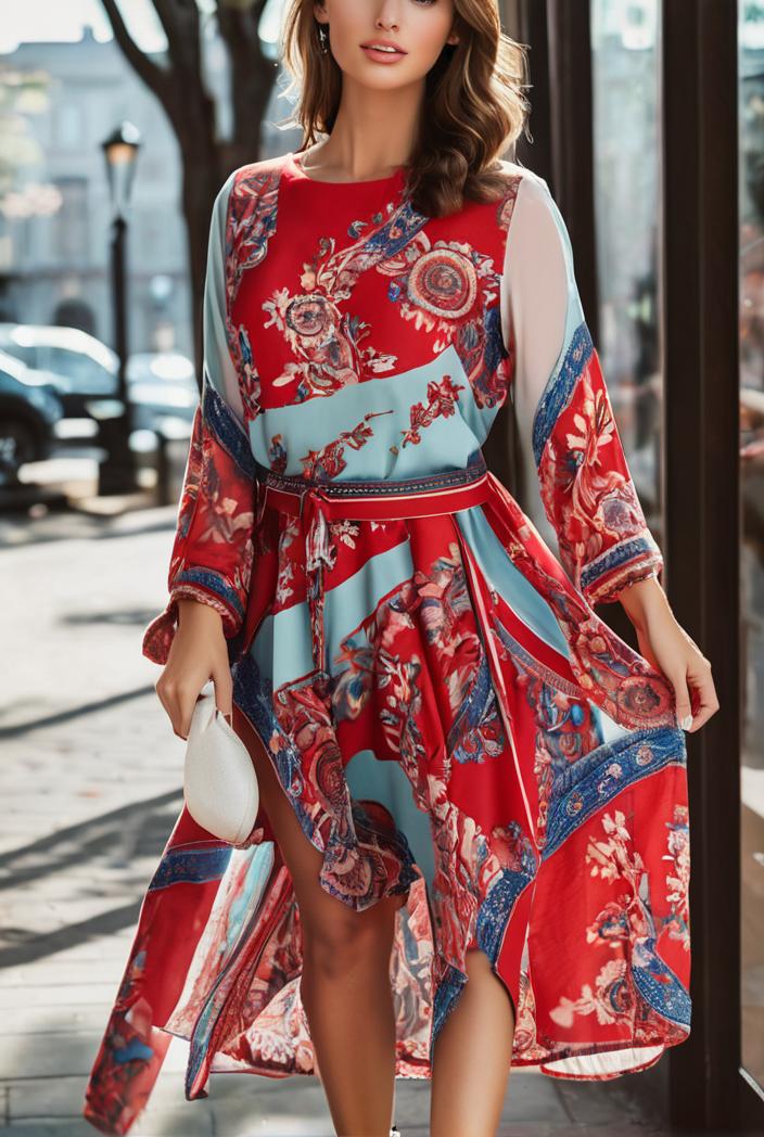 fashion v neck printed long sleeve midi dress 113175