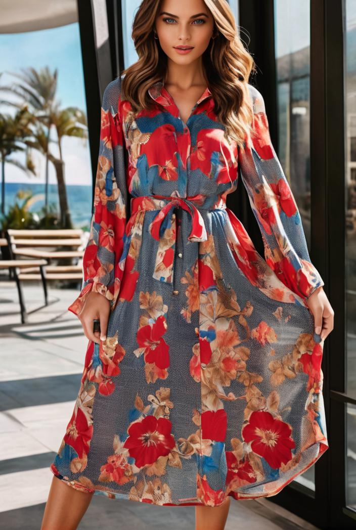 fashion v neck printed long sleeve midi dress 113178