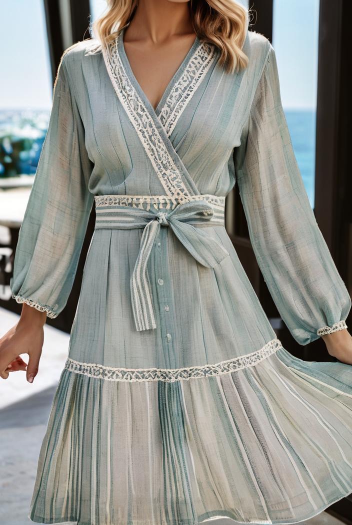 fashion v neck printed long sleeve midi dress 113182
