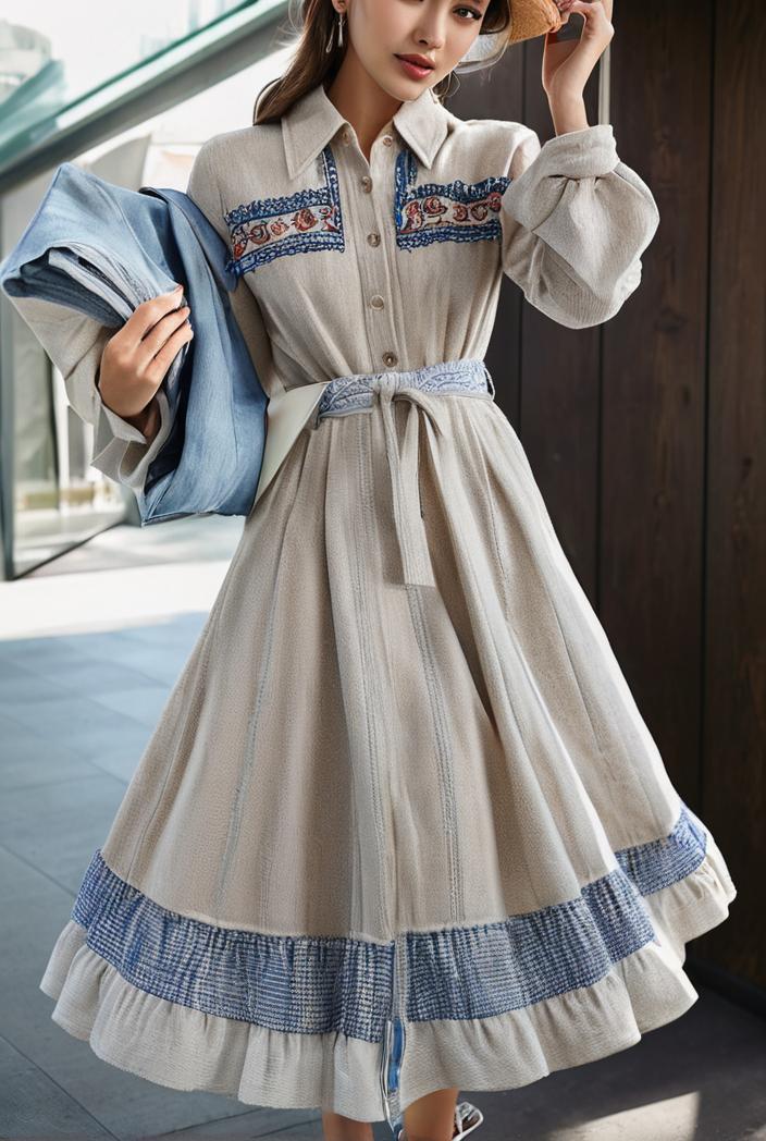 fashion v neck printed long sleeve midi dress 113187