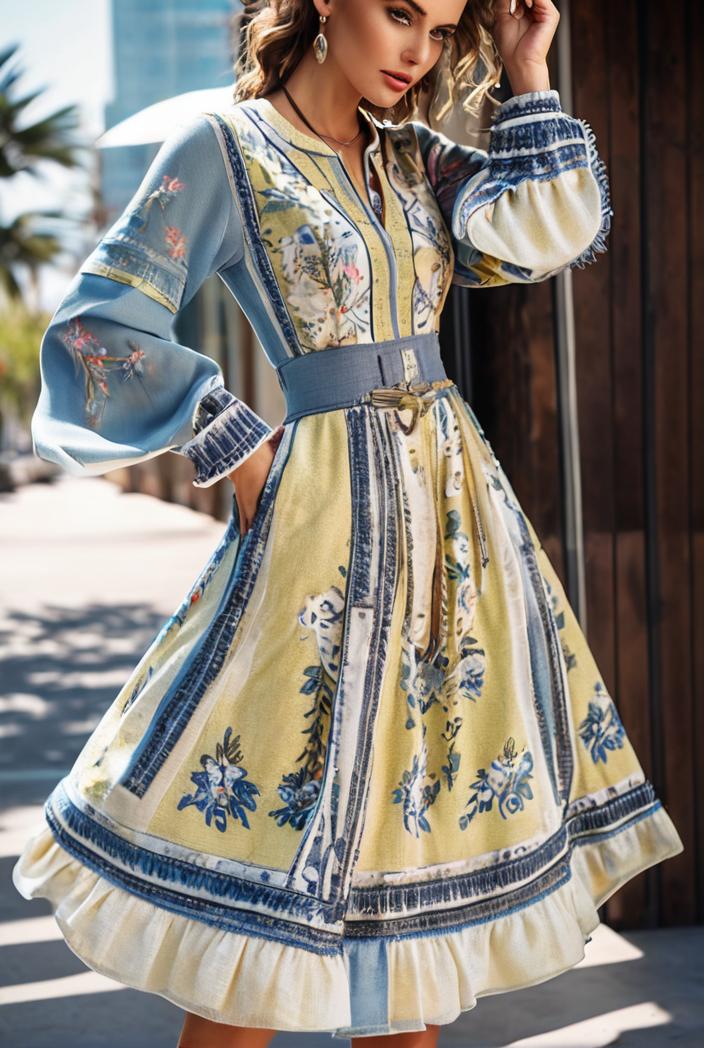 fashion v neck printed long sleeve midi dress 113189
