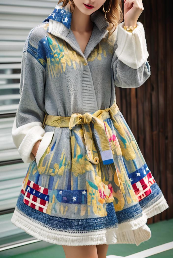 fashion v neck printed long sleeve midi dress 113191