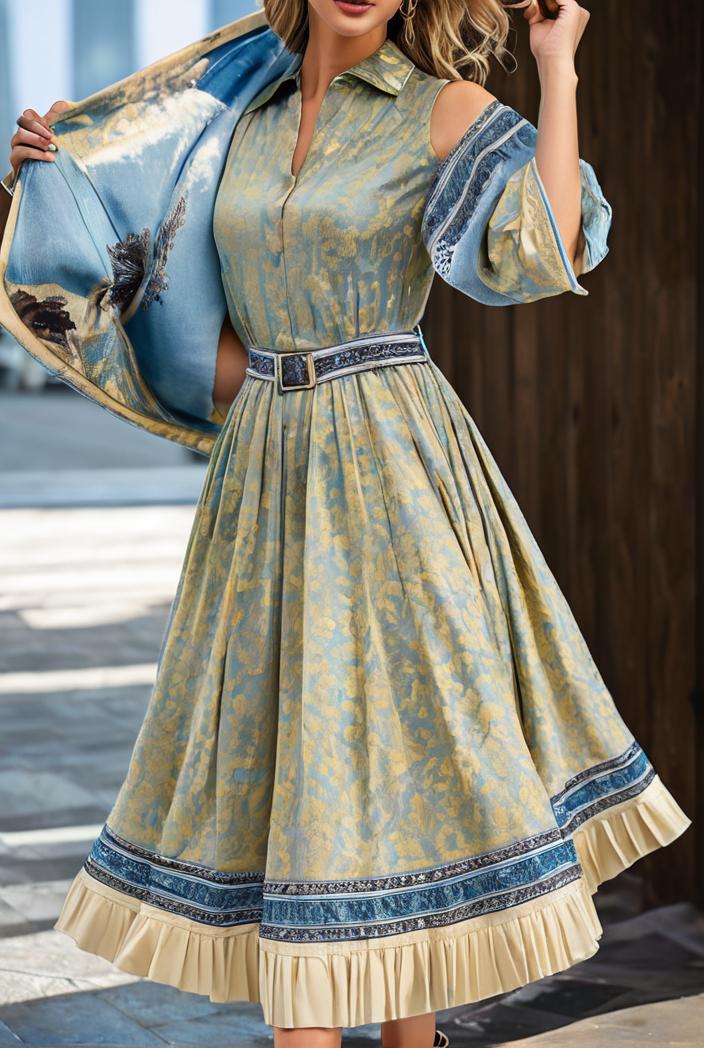 fashion v neck printed long sleeve midi dress 113193