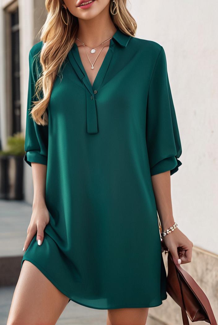 solid color loose fashion v neck mini dress 146224