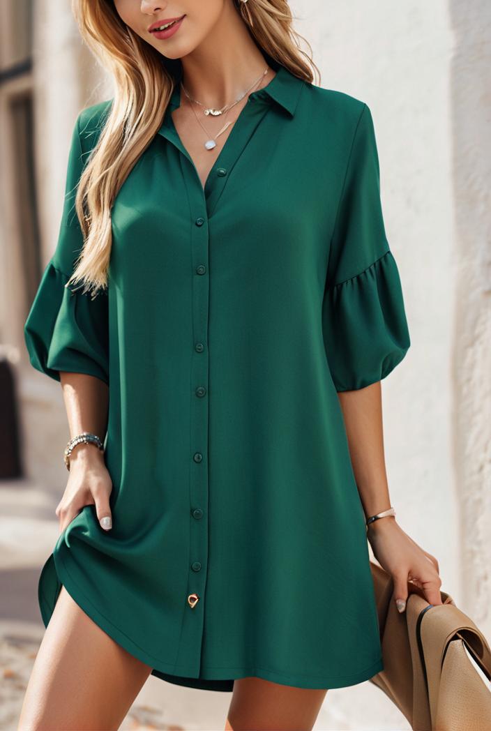 solid color loose fashion v neck mini dress 146227