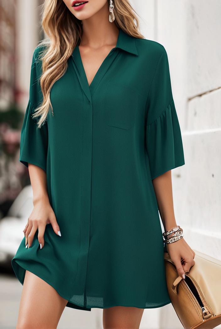 solid color loose fashion v neck mini dress 146228