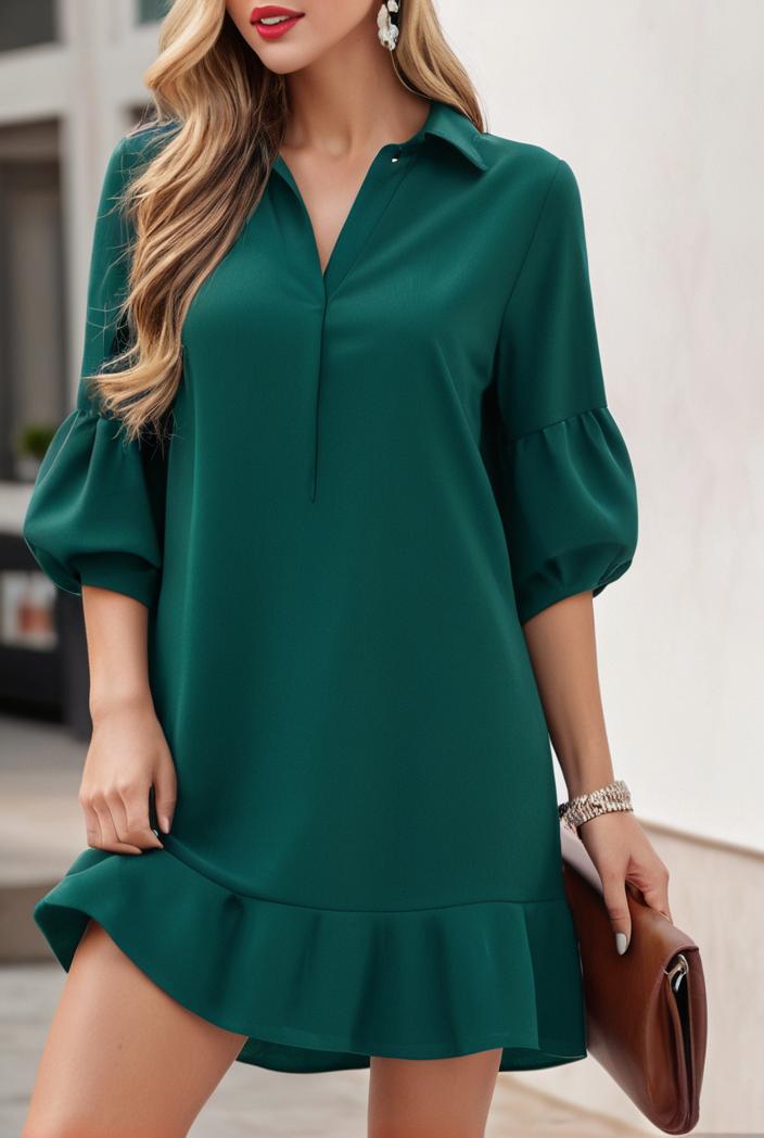 solid color loose fashion v neck mini dress 146229