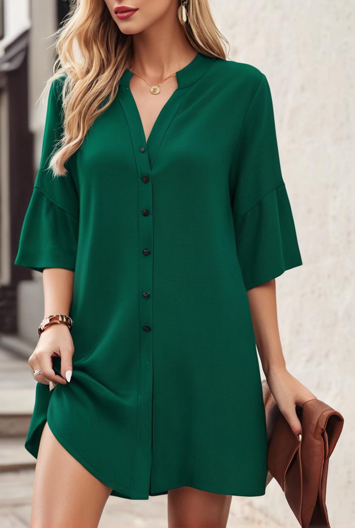 solid color loose fashion v neck mini dress 146230