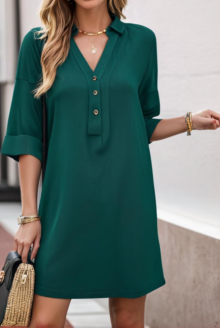 solid color loose fashion v neck mini dress 146232