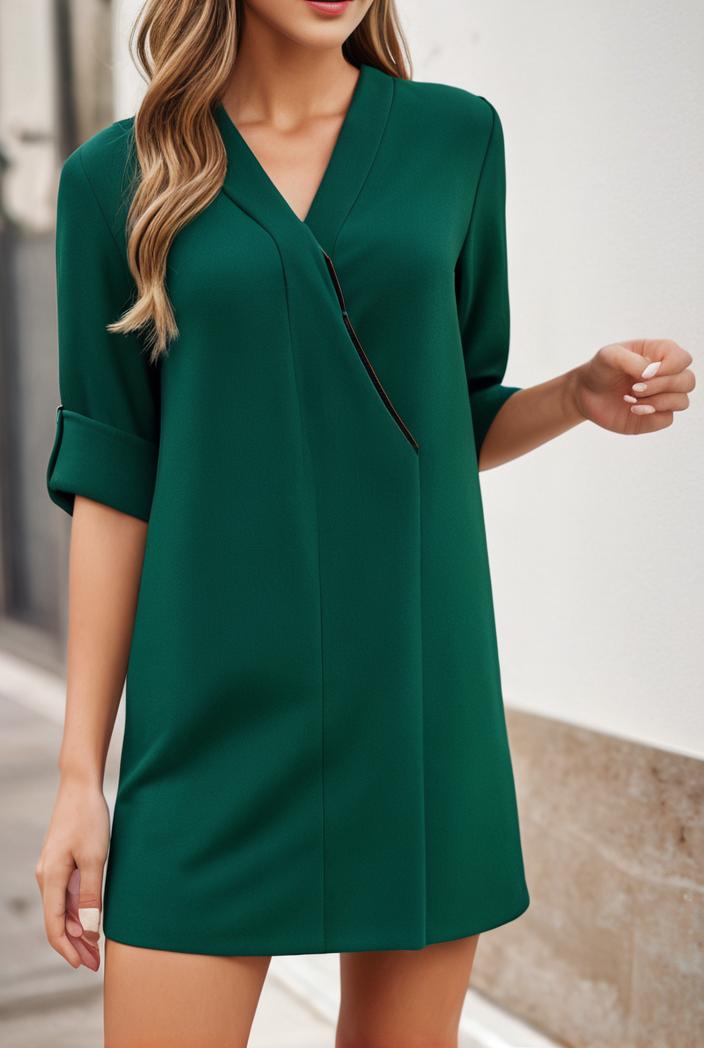 solid color loose fashion v neck mini dress 146233