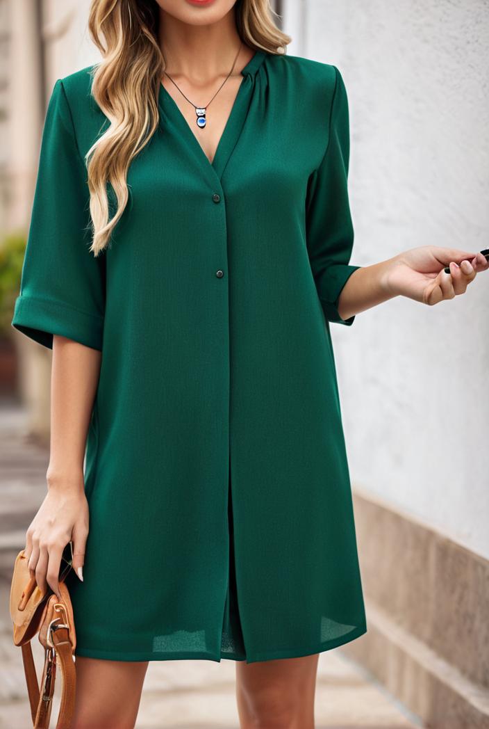 solid color loose fashion v neck mini dress 146234
