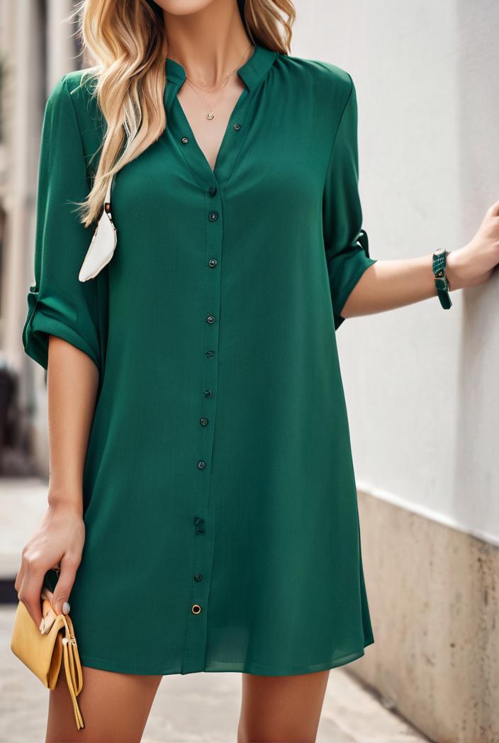 solid color loose fashion v neck mini dress 146235