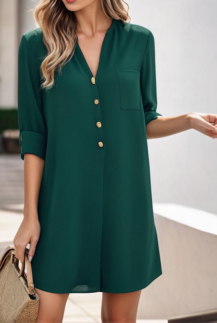 solid color loose fashion v neck mini dress 146236