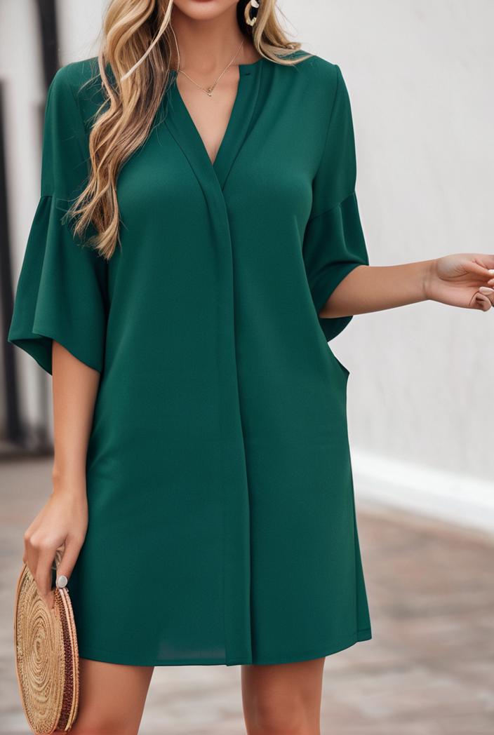solid color loose fashion v neck mini dress 146237