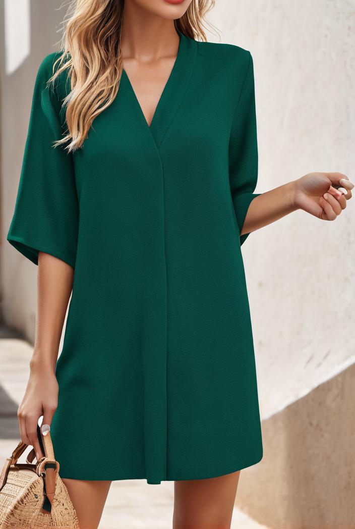solid color loose fashion v neck mini dress 146238
