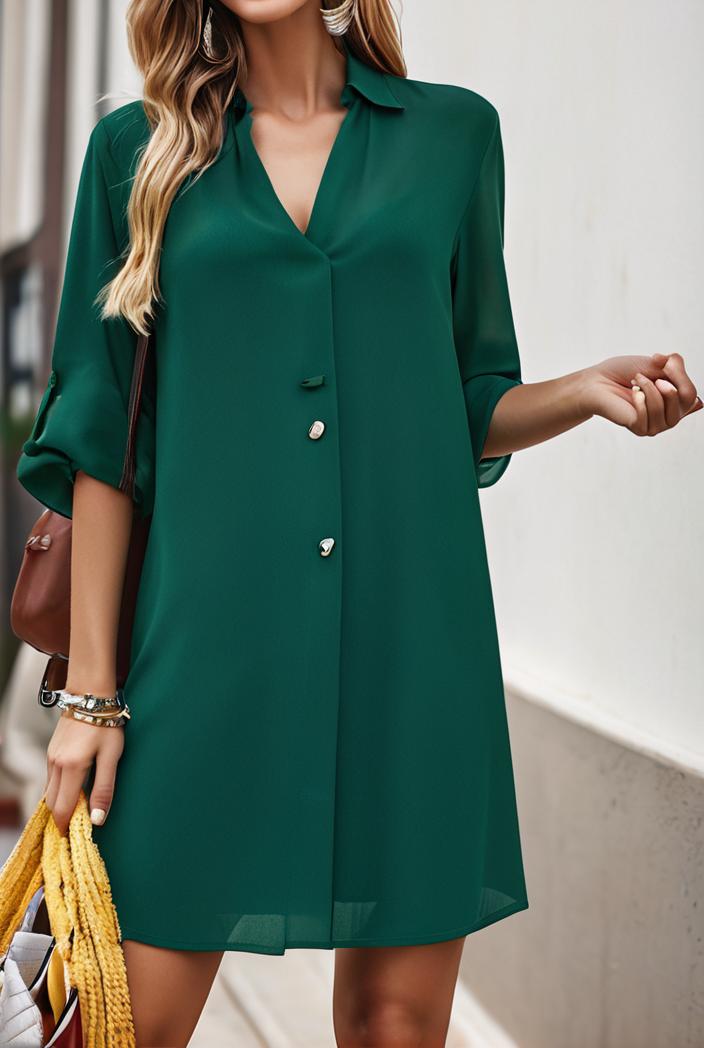 solid color loose fashion v neck mini dress 146239