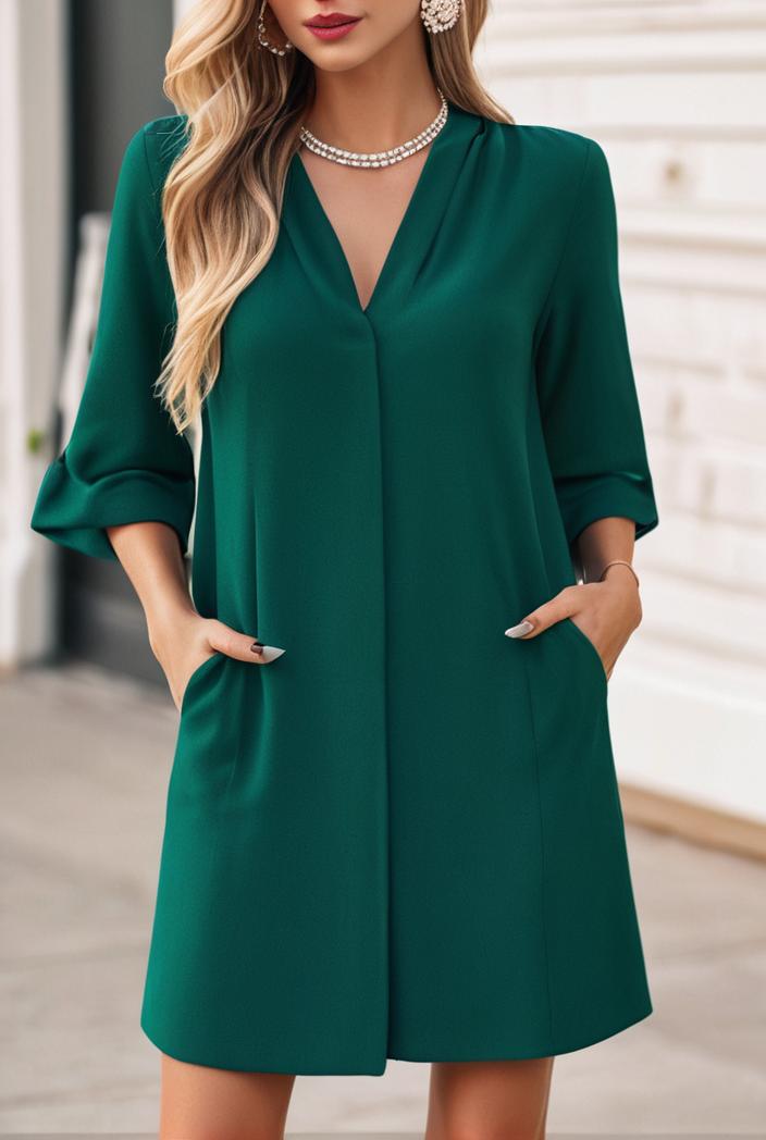 solid color loose fashion v neck mini dress 146261