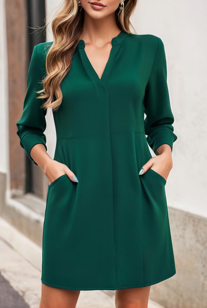 solid color loose fashion v neck mini dress 146263