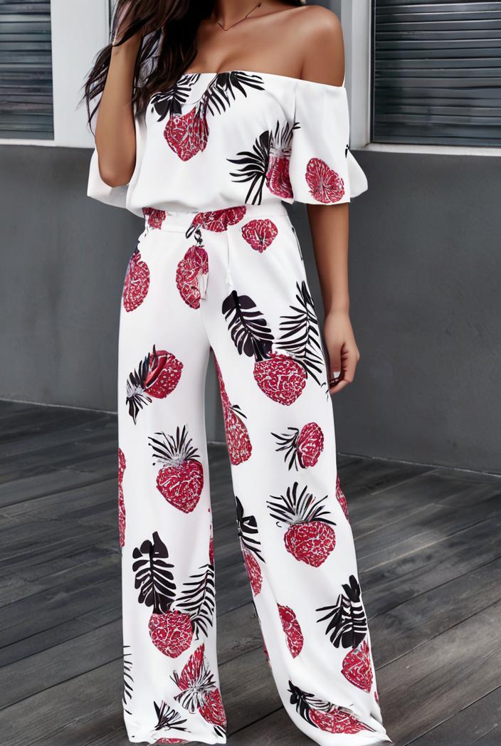 fashion print frilled off shoulder flared jumpsuit 134483
