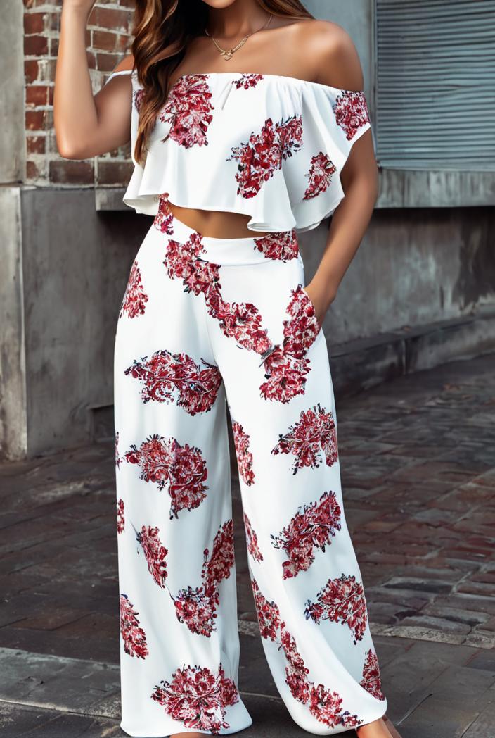 fashion print frilled off shoulder flared jumpsuit 134485
