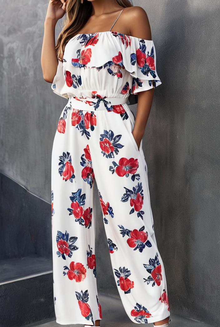 fashion print frilled off shoulder flared jumpsuit 134487