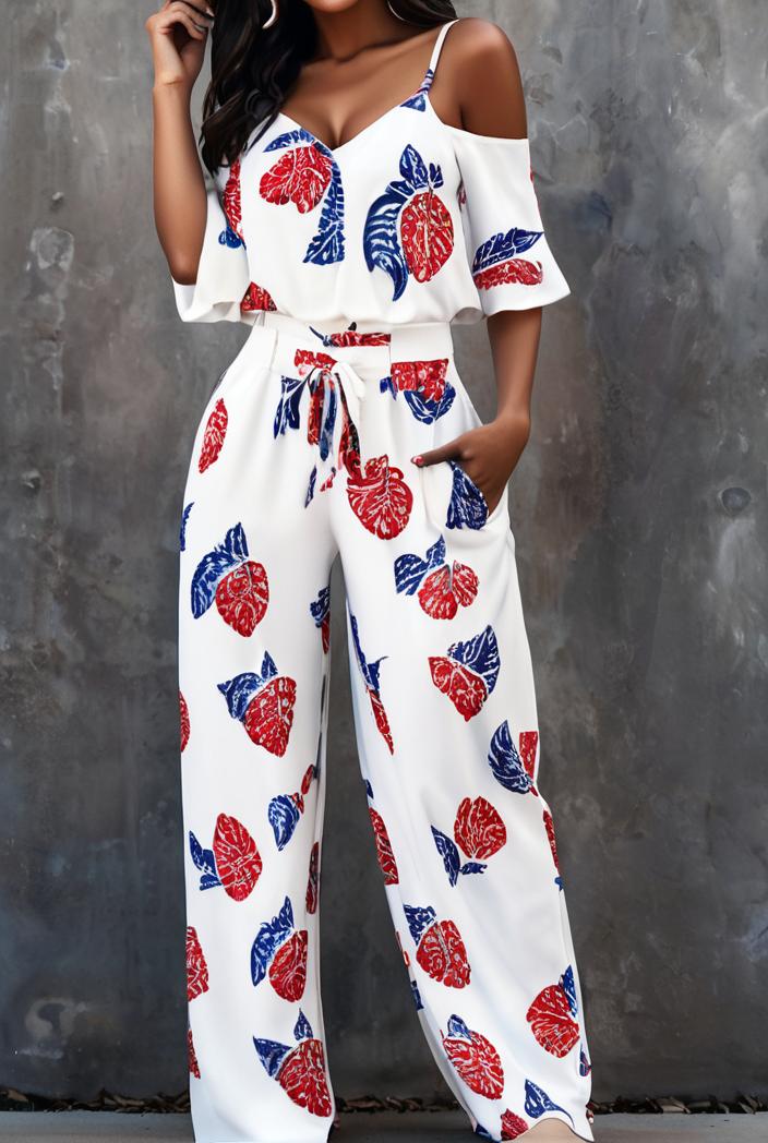 fashion print frilled off shoulder flared jumpsuit 134484