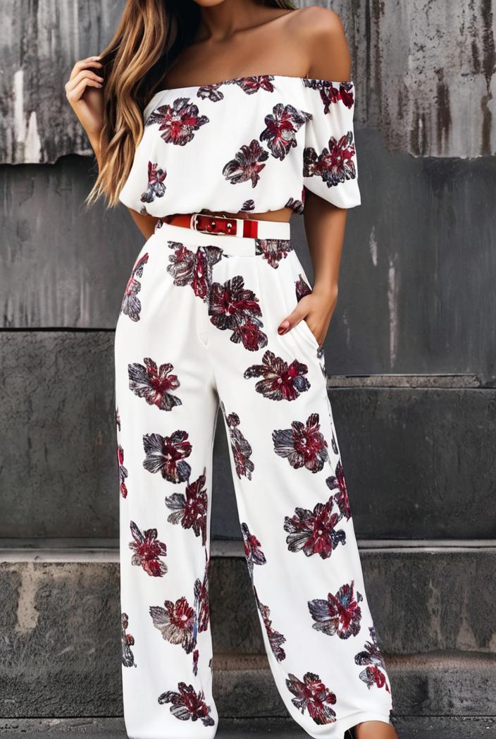 fashion print frilled off shoulder flared jumpsuit 134488