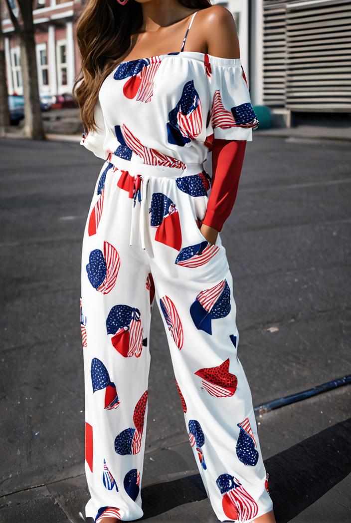 fashion print frilled off shoulder flared jumpsuit 134489