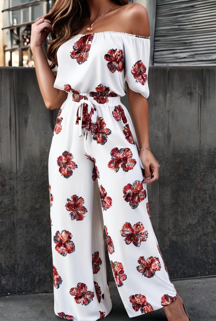 fashion print frilled off shoulder flared jumpsuit 134490