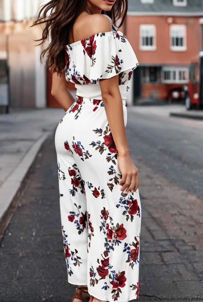 fashion print frilled off shoulder flared jumpsuit 134492