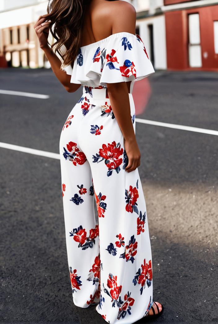 fashion print frilled off shoulder flared jumpsuit 134498