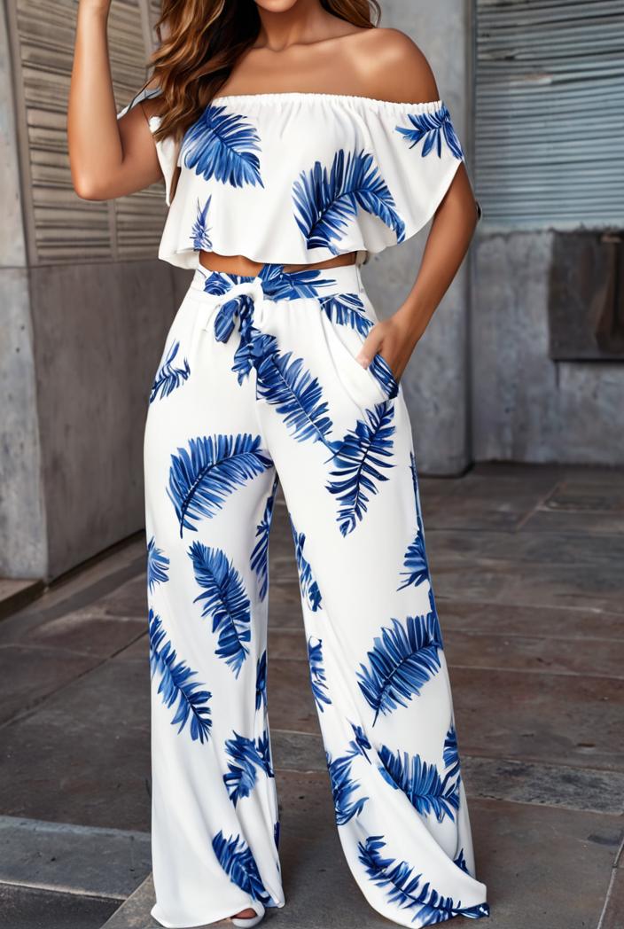 fashion print frilled off shoulder flared jumpsuit 134500