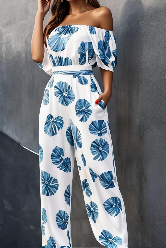 fashion print frilled off shoulder flared jumpsuit 134502