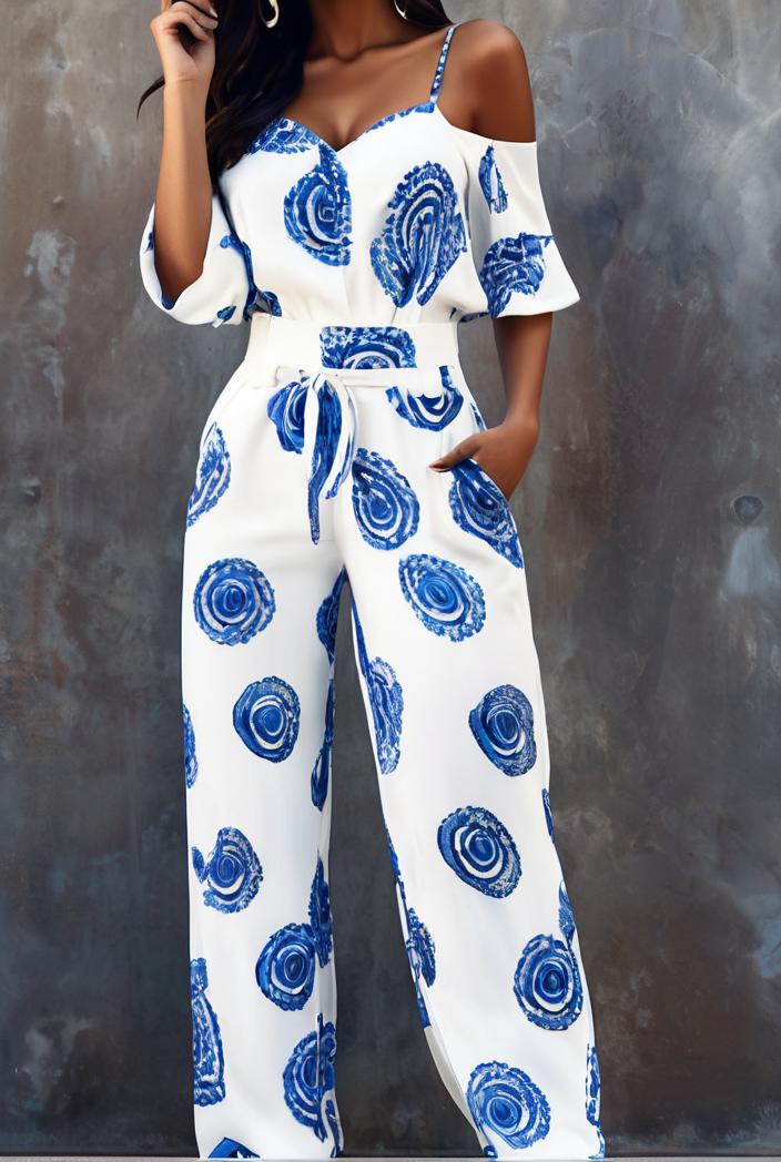 fashion print frilled off shoulder flared jumpsuit 134503