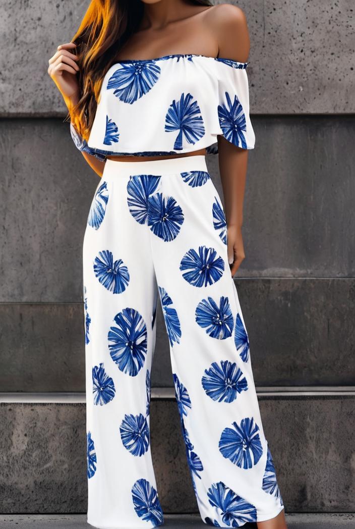 fashion print frilled off shoulder flared jumpsuit 134504