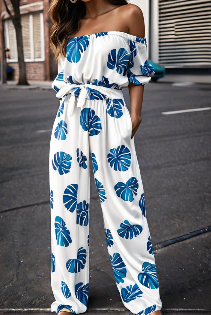 fashion print frilled off shoulder flared jumpsuit 134505