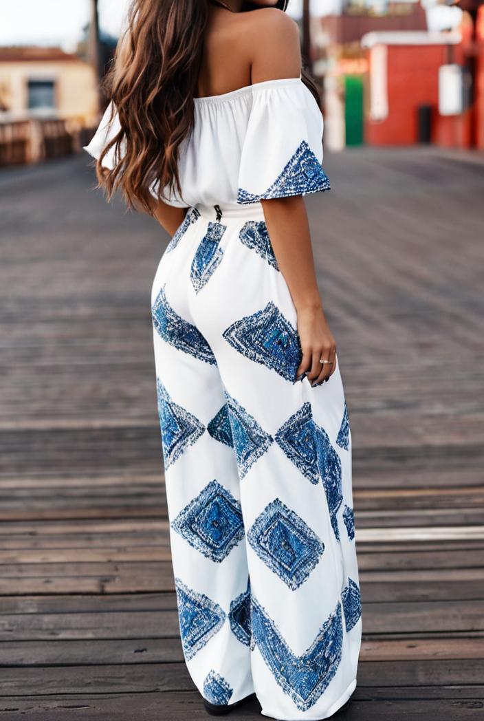 fashion print frilled off shoulder flared jumpsuit 134512