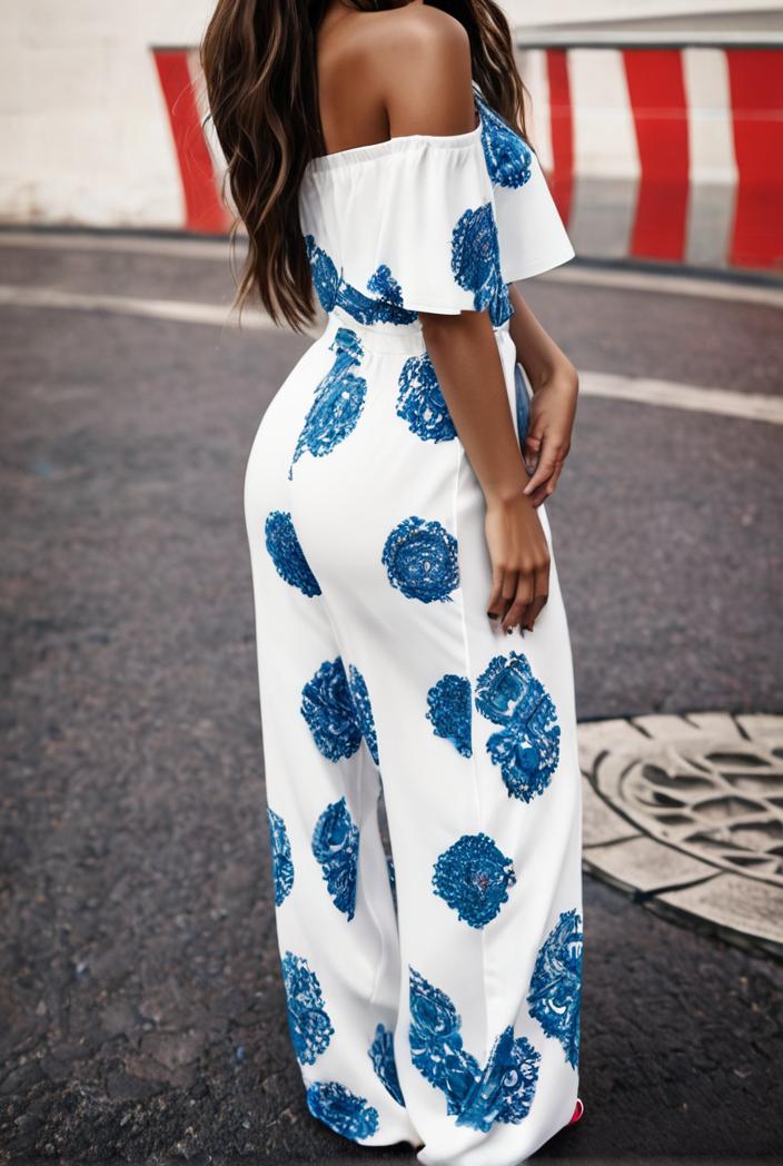 fashion print frilled off shoulder flared jumpsuit 134513