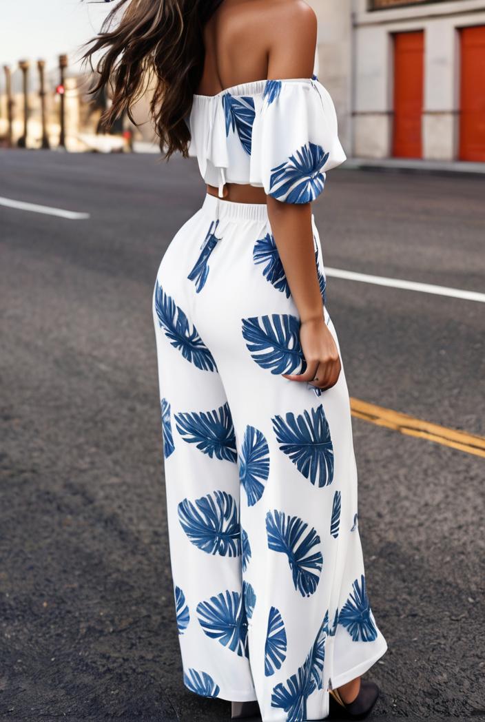 fashion print frilled off shoulder flared jumpsuit 134514