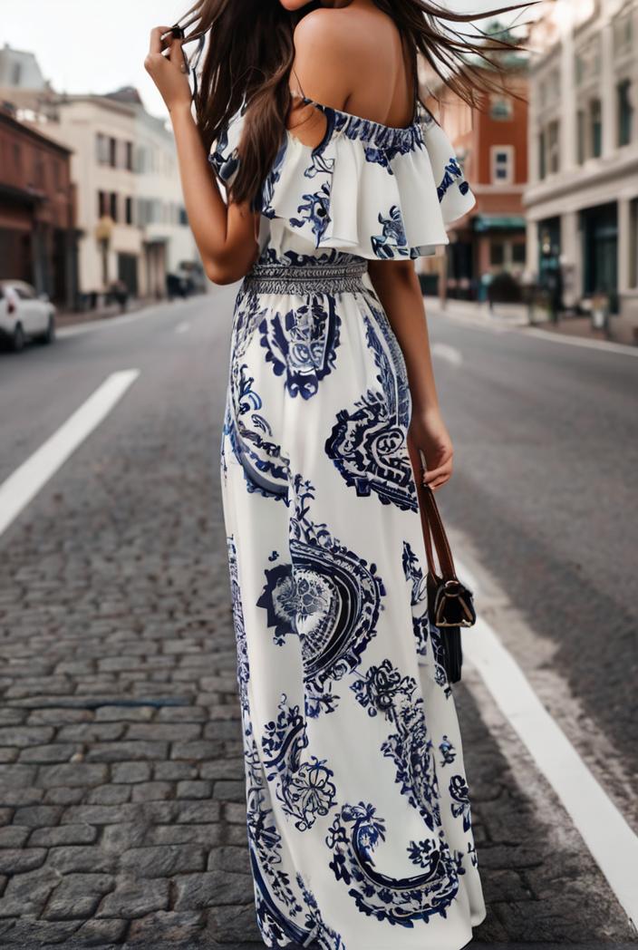 fashion print frilled off shoulder flared jumpsuit 134515