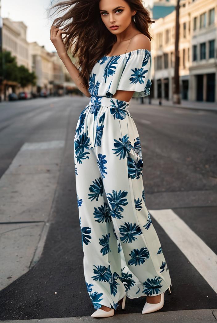 fashion print frilled off shoulder flared jumpsuit 134517
