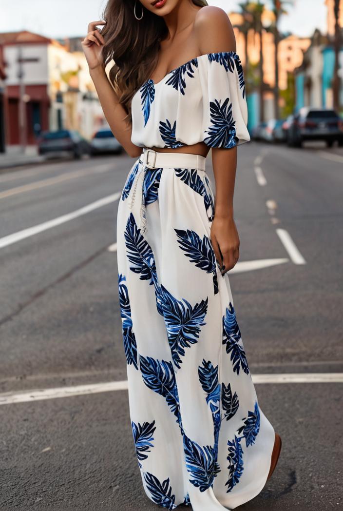 fashion print frilled off shoulder flared jumpsuit 134520
