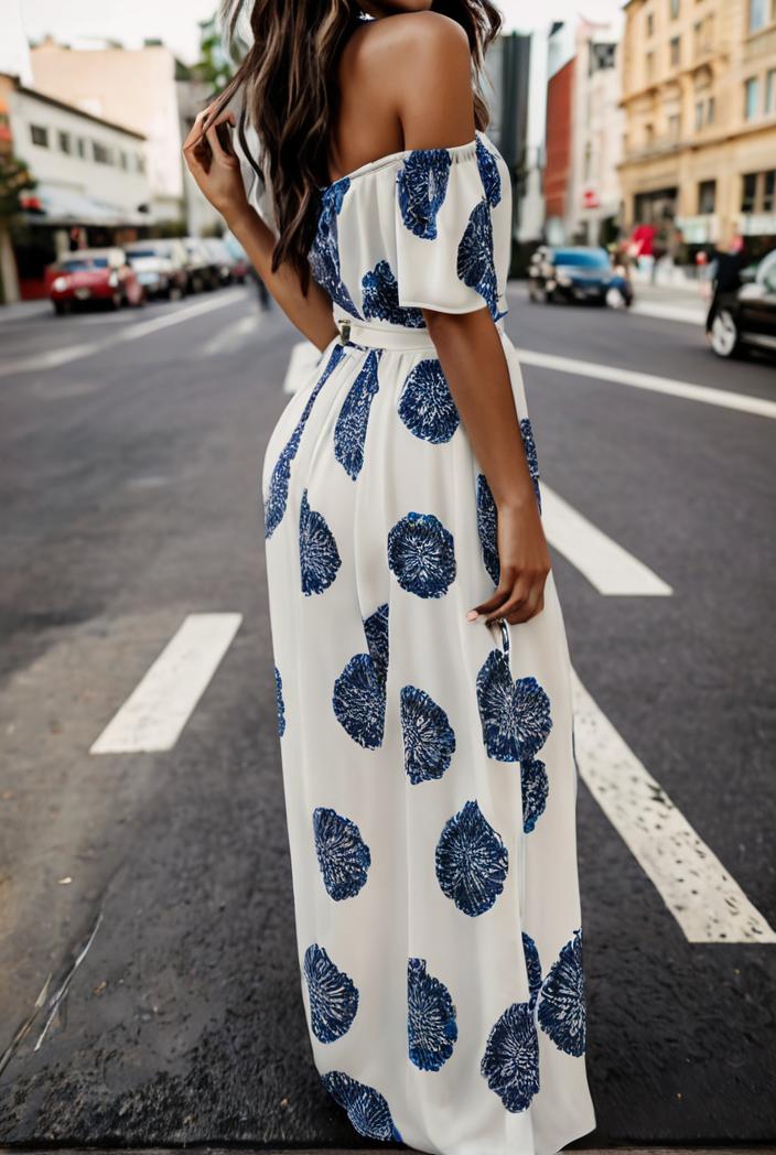 fashion print frilled off shoulder flared jumpsuit 134521
