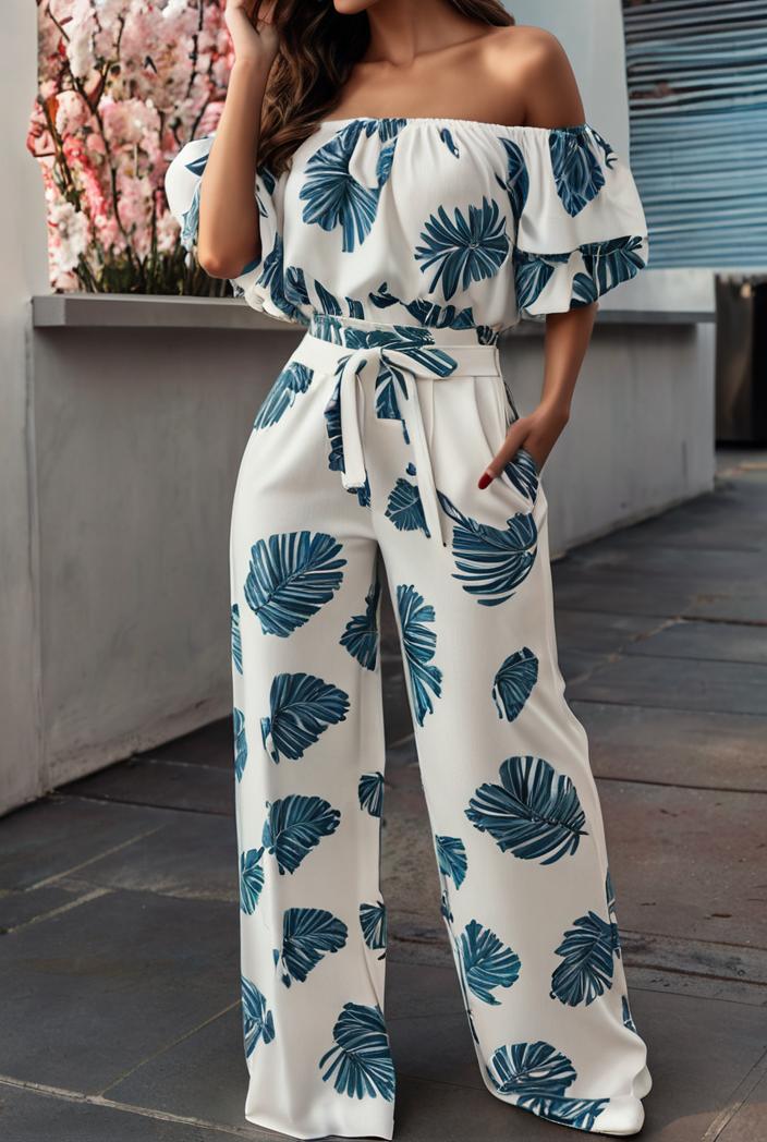 fashion print frilled off shoulder flared jumpsuit 134524