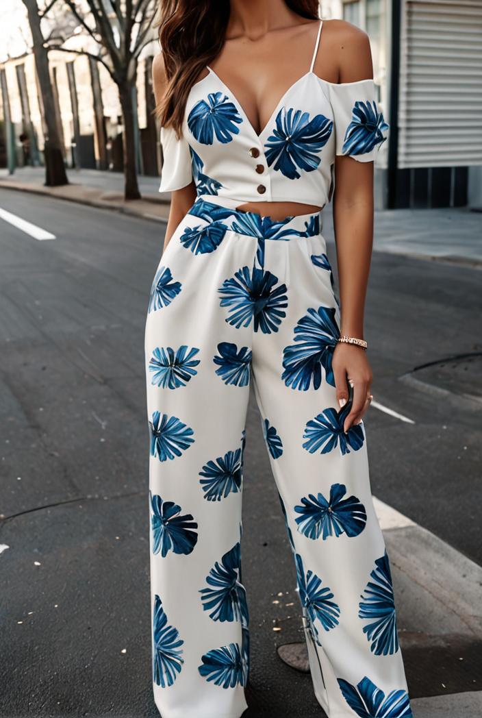 fashion print frilled off shoulder flared jumpsuit 134525